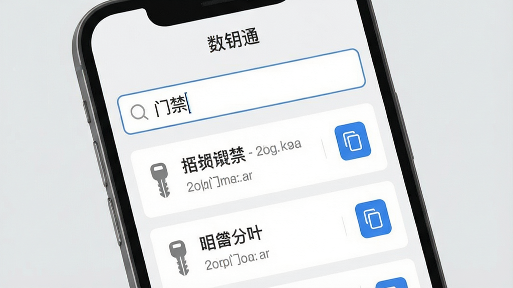 数钥通快速检索功能示意图,画面中手机屏幕显示数钥通应用的搜索界面,顶部搜索框内写着“门禁”关键词,下方筛选出三条相关钥匙记录,每条记录右侧有复制按钮图标,屏幕上方有“数钥通”应用名称,背景为浅灰色,布局为搜索框在上、结果列表在下,风格简约实用,细节清晰,高清画质,干净无多余元素