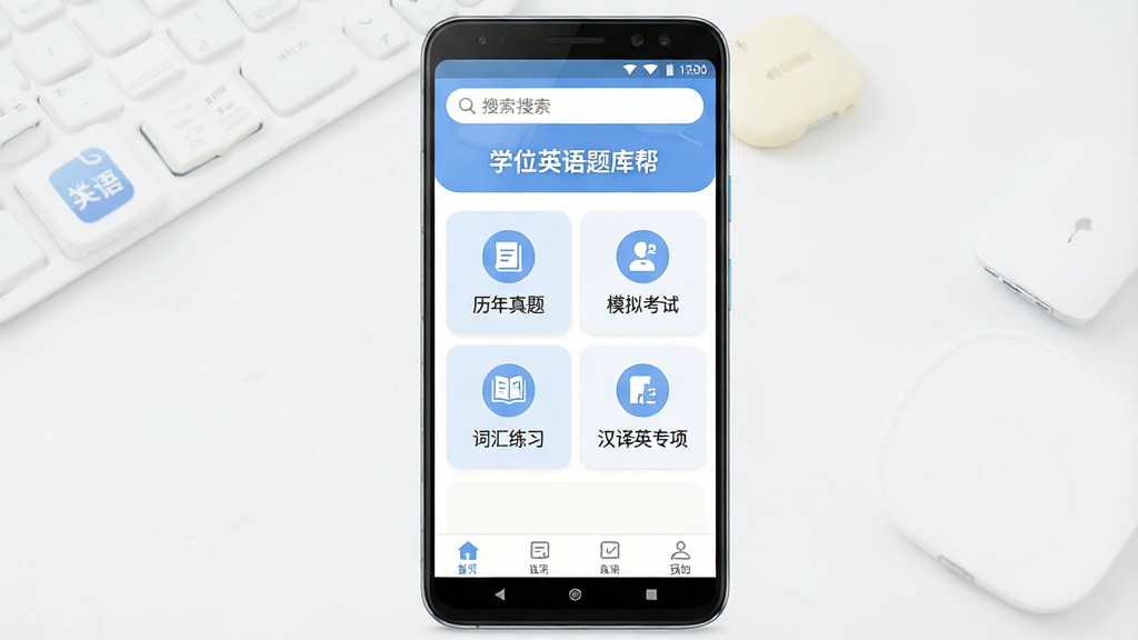 一张展示“学位英语题库帮”手机APP界面的预览图,主体为一部竖直放置的安卓手机,屏幕内显示APP首页,顶部有搜索框和“学位英语题库帮”字样,中部为“历年真题”“模拟考试”“词汇练习”“汉译英专项”四个功能入口卡片,底部有导航栏,布局清晰,排版居中,风格为现代简约教育类APP设计,细节包括柔和的蓝色主色调、圆角图标、白色背景,画质高清,干净,无多余元素
