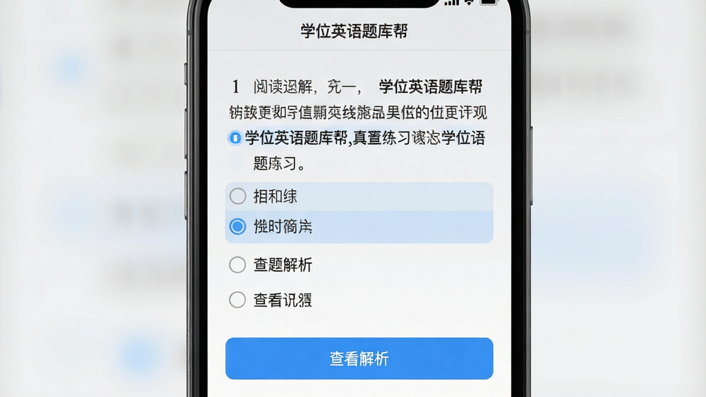 一张展示“学位英语题库帮”真题练习界面的预览图,主体为手机屏幕特写,屏幕内显示一道阅读理解题目,上方有“学位英语题库帮”小字标题,下方有选项和“查看解析”按钮,布局为纵向排列,风格为清爽学习类界面,细节包括浅灰色背景、蓝色高亮选项、清晰字体,画质高清,干净,无多余元素