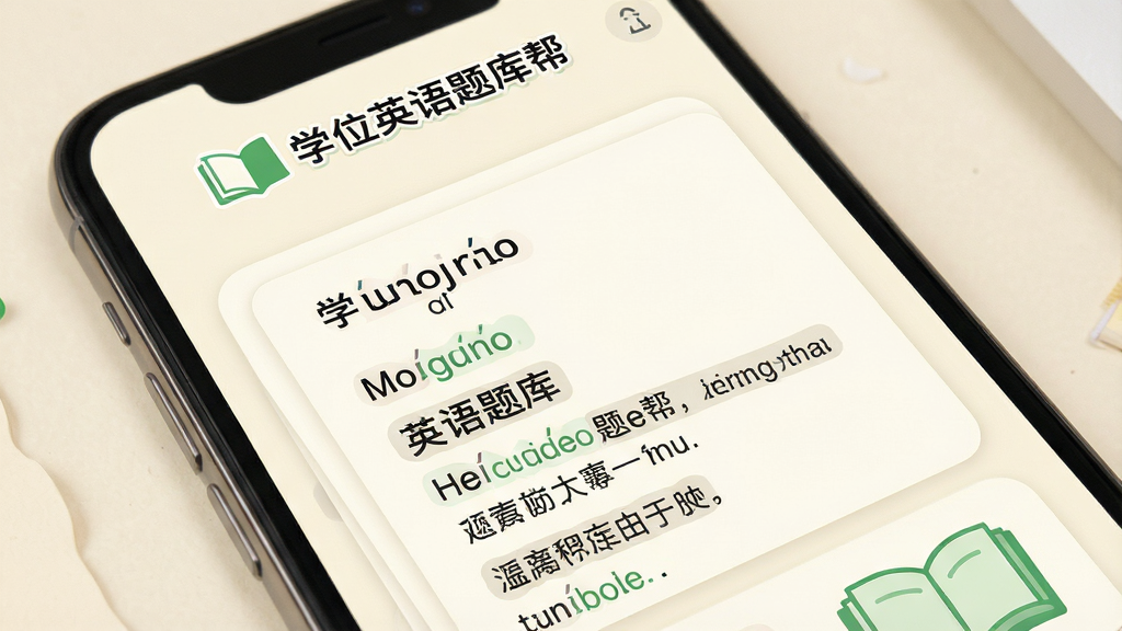 一张展示“学位英语题库帮”词汇学习界面的预览图,主体为手机屏幕,屏幕内显示单词卡片,卡片上有英文单词、音标、中文释义和例句,上方有“学位英语题库帮”标识,布局为卡片式堆叠,风格为柔和护眼学习风,细节包括米白色背景、绿色点缀、圆角卡片,画质高清,干净,无多余元素