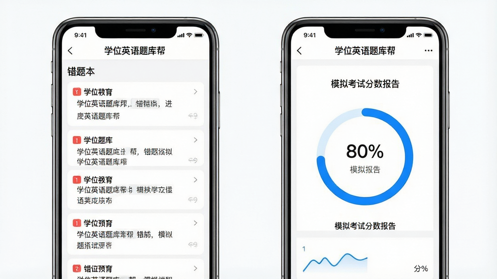 一张展示“学位英语题库帮”错题本与模拟考试报告界面的组合预览图,主体为两部并排的手机,左侧手机显示错题本列表,右侧手机显示模拟考试分数报告,屏幕内均有“学位英语题库帮”字样,布局为左右对比,风格为现代教育类APP界面,细节包括红色错题标记、蓝色分数环、白色背景,画质高清,干净,无多余元素