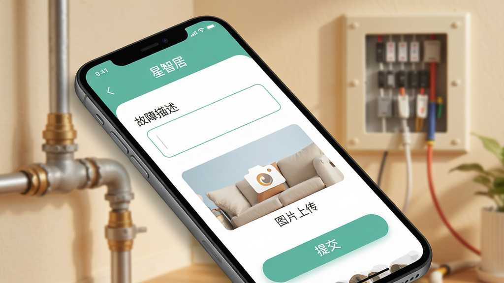手机界面展示“星智居”物业报修页面,页面中包含故障描述输入框、图片上传区域、提交按钮,背景为居家环境中的水管与电路面板,构图采用手机斜放视角,风格为清新扁平化UI,细节包括柔和的阴影、清晰的表单元素、居家场景的温馨色调,画质高清,干净,无多余元素