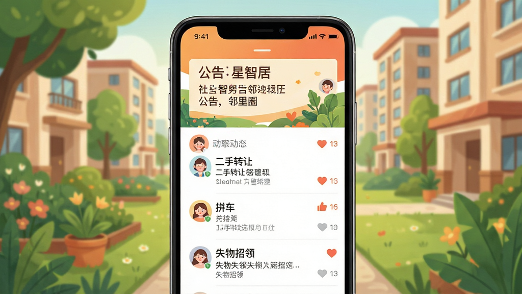 手机屏幕显示“星智居”社区公告与邻里圈界面,顶部为公告横幅,下方为邻里动态列表,包含二手转让、拼车、失物招领等帖子,背景为小区花园与楼栋,构图采用手机竖屏展示,风格为温暖社区插画,细节包括公告标签、用户头像、点赞图标、绿植点缀,画质高清,干净,无多余元素