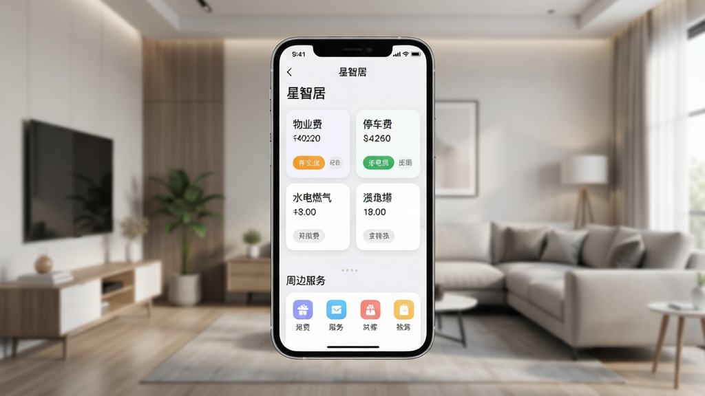 手机界面展示“星智居”生活缴费页面,页面中包含物业费、停车费、水电燃气等缴费卡片,下方有周边服务入口图标,背景为现代家居客厅,构图采用手机正面悬浮展示,风格为简约商务UI,细节包括卡片圆角、支付图标、服务分类标签、柔和光影,画质高清,干净,无多余元素