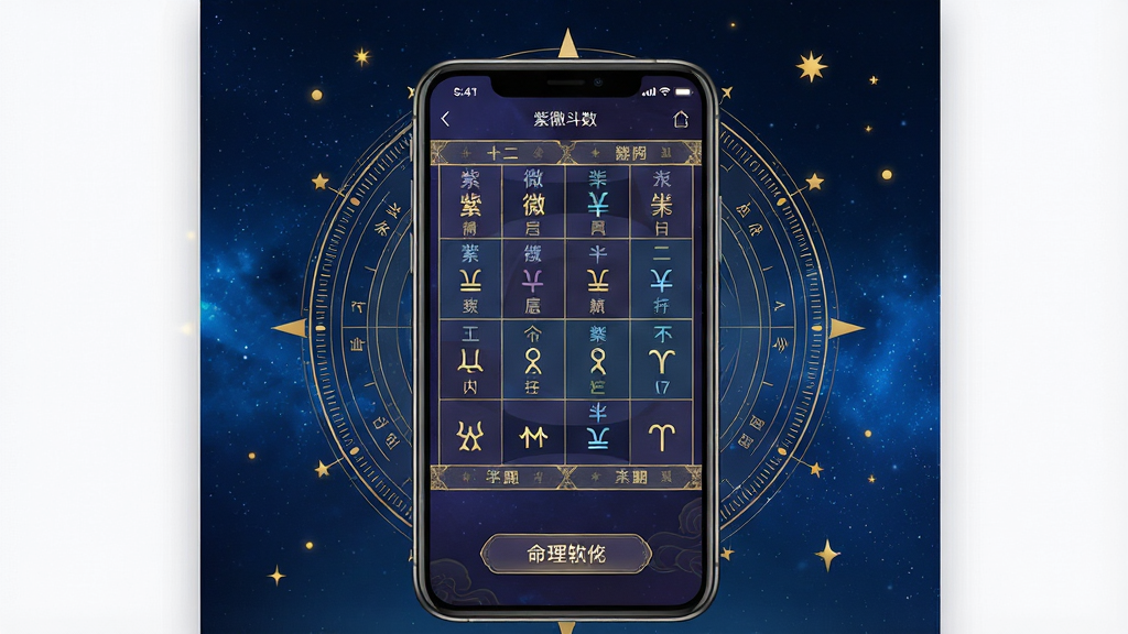 一张展示紫微斗数命理软件核心界面的手机应用预览图,画面中央为手机屏幕,屏幕上显示紫微斗数命盘十二宫格与星曜名称,背景为深蓝色星空渐变,周围环绕金色星点与罗盘刻度,排版为竖版海报风格,风格为现代国风科技感,细节包含宫位文字、星曜符号、排盘按钮,画质清晰,干净,无多余元素