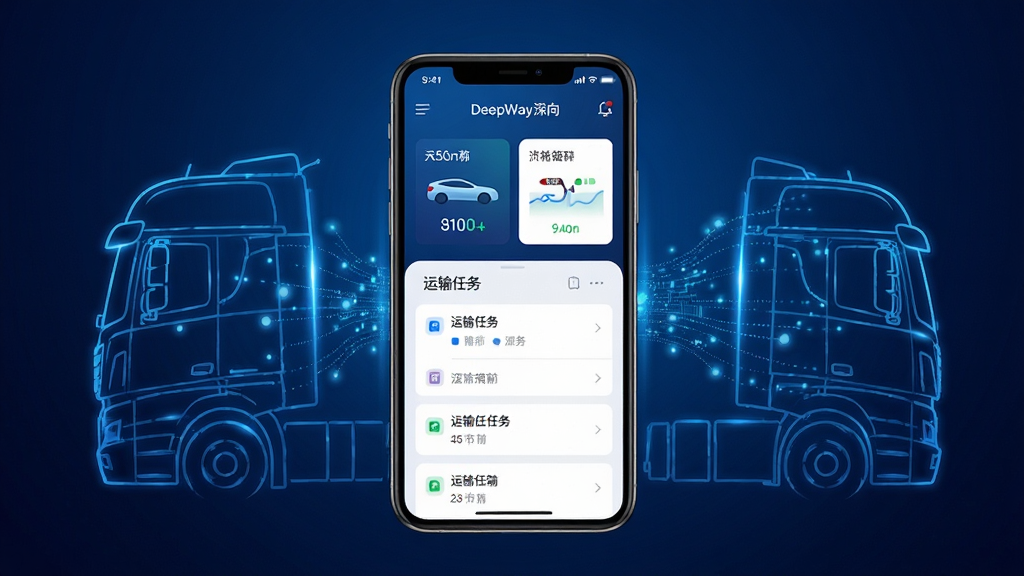 画面中央放置一部智能手机,屏幕上显示DeepWay深向应用的主界面,界面包含车辆状态卡片和运输任务列表,手机两侧环绕着抽象的新能源重卡轮廓线条与数据流动光点,背景为深蓝色渐变科技风格,整体布局左右对称,排版简洁清晰,风格现代商务,细节上突出蓝色光效与白色文字对比,画质高清,画面干净,无多余元素
