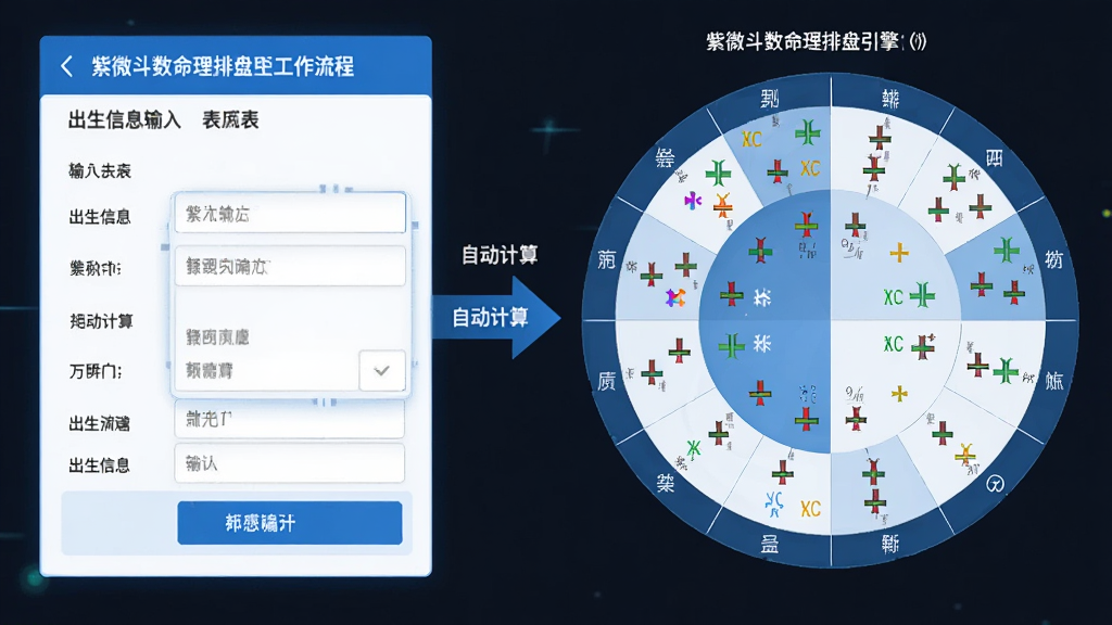 一张展示紫微斗数命理排盘引擎工作流程的示意图,画面左侧为出生信息输入表单,右侧为生成的十二宫命盘图,中间用箭头连接表示自动计算,排版为横向信息图风格,风格为扁平化科技蓝白配色,细节包含宫位标签、星曜小图标、四化颜色标记,画质清晰,干净,无多余元素