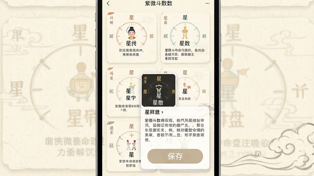 一张展示紫微斗数命理命盘解析功能的界面图,画面为手机屏幕特写,屏幕中十二宫位以卡片形式排列,其中一个宫位被点击展开显示星曜释义文字,背景为浅米色纸张纹理,排版为竖版应用截图风格,风格为简约国风,细节包含宫位名称、星曜名称、释义段落、保存按钮,画质清晰,干净,无多余元素