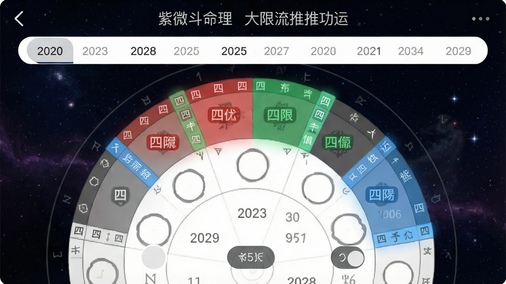 一张展示紫微斗数命理大限流年推运功能的界面图,画面为手机屏幕中显示命盘与年份选择条,命盘上部分宫位以红色、绿色、蓝色高亮标记四化,背景为深色星空底纹,排版为竖版应用展示风格,风格为现代玄学科技感,细节包含年份数字、宫位高亮、四化标签、切换按钮,画质清晰,干净,无多余元素