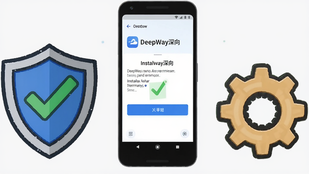 画面中央是一部安卓手机,手机屏幕显示DeepWay深向应用的安装权限设置界面,手机旁边放置一个盾牌图标和齿轮图标,背景为浅灰色,布局左右结构,排版清晰,风格扁平化插画,细节上突出绿色勾选标记与蓝色按钮,画质高清,画面干净,无多余元素,界面中有