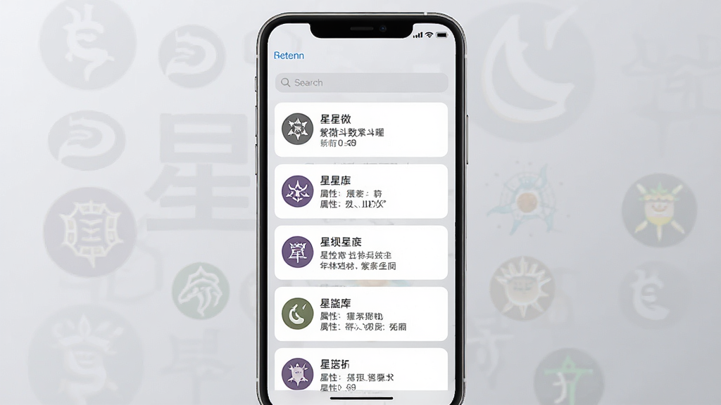 一张展示紫微斗数命理星曜资料库界面的图,画面为手机屏幕中显示星曜列表与详情卡片,卡片上写有星曜名称与属性描述,背景为浅灰渐变,排版为竖版列表式应用截图风格,风格为清爽极简,细节包含搜索框、星曜图标、文字段落、返回按钮,画质清晰,干净,无多余元素