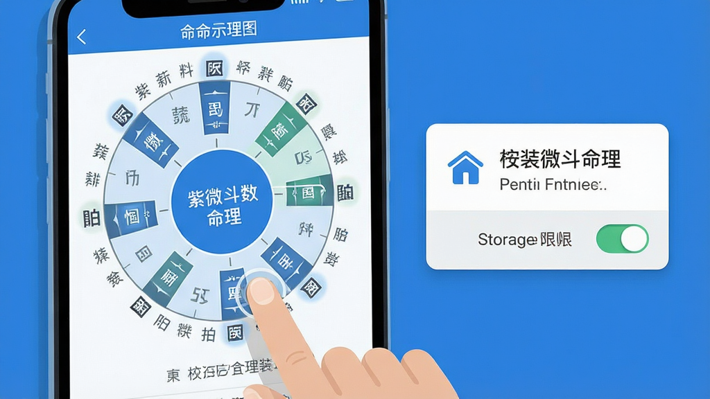 一张展示紫微斗数命理在手机上运行的操作示意图,画面为手机屏幕特写,屏幕中显示命盘界面与手指点击宫位的动作,旁边有安装权限弹窗和存储权限开关的简化图标,排版为竖版教学图风格,风格为扁平化蓝白配色,细节包含手指触控、宫位高亮、权限开关、提示文字,画质清晰,干净,无多余元素