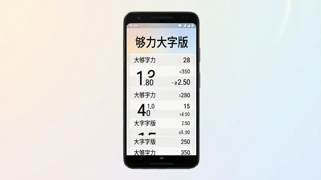 一张展示够力大字版手机应用界面的场景图,画面中央是一部竖屏安卓手机,手机屏幕上显示着够力大字版清晰的大字体奖表数据列表,背景为柔和的浅色渐变,整体布局简洁明了,风格现代科技感,细节上突出大号数字与整齐的表格排版,画质高清干净,无多余元素
