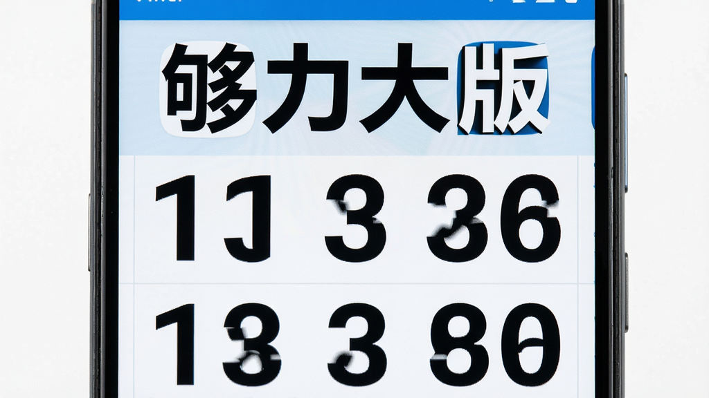 一部安卓手机特写,屏幕中显示够力大字版应用内超大号数字表格,数字清晰醒目,背景为干净的纯色,画面风格简约明亮,构图居中,细节展现字体边缘的锐利度,画质高清,无多余元素