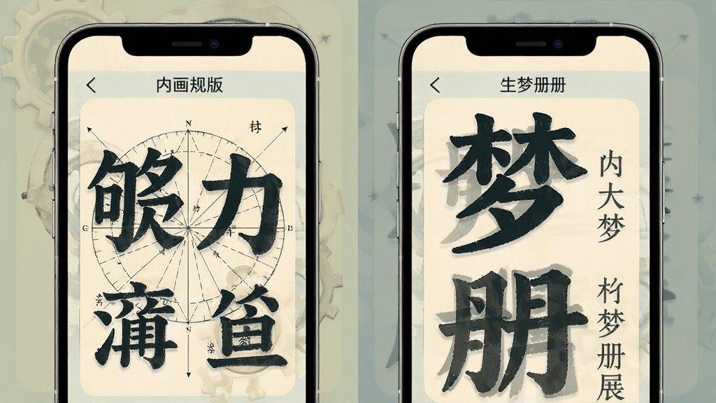 够力大字版内画规版与梦册功能展示图,手机屏幕左右分栏显示画规图表与梦册文字内容,所有文字均为大号字体,背景柔和,风格复古与现代结合,构图平衡,细节表现文字排版,画质高清干净
