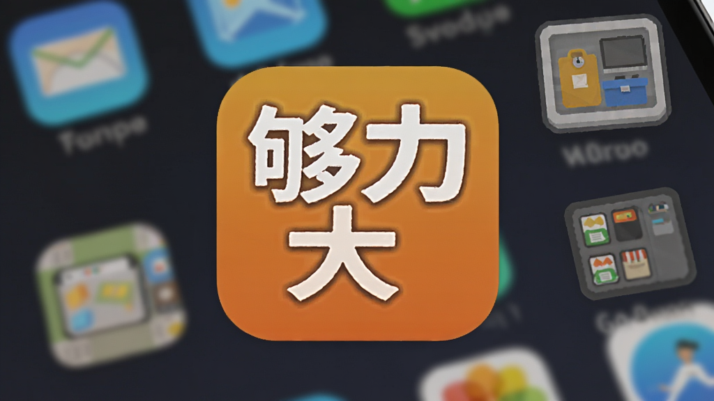 够力大字版应用图标与手机桌面场景图,图标醒目地显示在手机桌面上,周围有简化的存储空间示意图,风格扁平化,构图简洁,细节表现图标设计,画质高清,无多余元素
