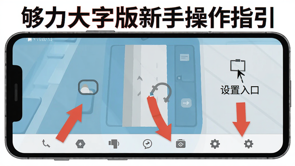 够力大字版新手操作指引示意图,画面展示一部安卓手机屏幕,屏幕上用箭头标注底部功能标签、滑动区域和设置入口,文字标注为大号字体,风格为扁平化教学图解,构图清晰直观,细节表现指引箭头与文字说明,画质干净,无多余元素
