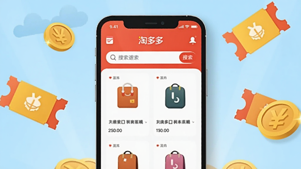 画面中央是一部智能手机,手机屏幕上显示“淘多多”APP的首页界面,界面中有搜索框和商品卡片,手机周围散落着金币和优惠券图标。背景为浅蓝色渐变,布局采用居中构图,风格为扁平化插画,细节上手机边缘有轻微阴影,金币带有光泽感,画质清晰干净,无多余元素。