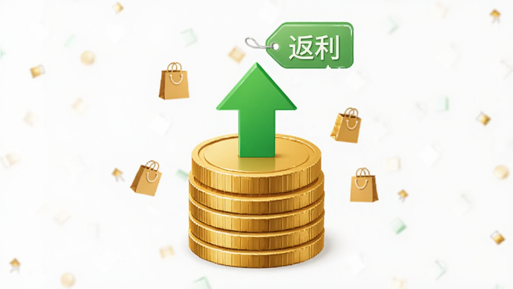 画面中央是一个金币堆叠的圆柱体,圆柱体上方有一个向上的箭头和“返利”字样的标签,周围有小型购物袋图标。布局采用垂直居中构图,风格为现代简约,细节上金币有金属光泽,箭头为绿色,画质清晰干净,无多余元素。