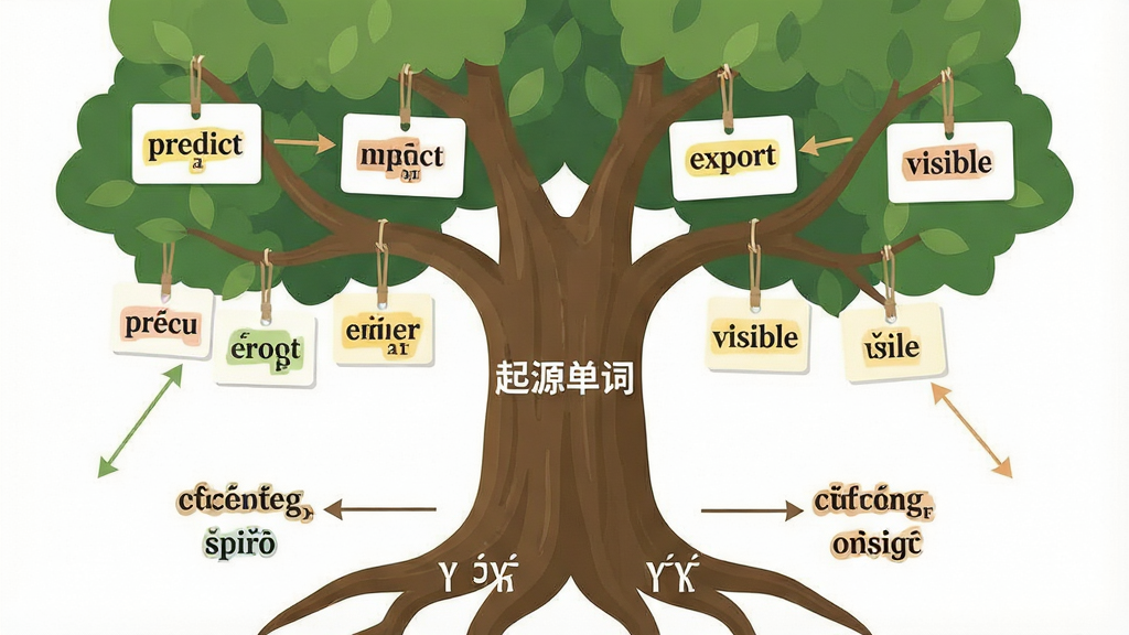 一张信息图风格的插画,主体是一棵枝繁叶茂的大树,树干上写着“起源单词”,树枝上挂满英语单词卡片如“predict”“export”“visible”,树根部分展示拉丁语和希腊语词根,布局为居中构图,排版清晰,风格为扁平化教育插画,细节包括单词的词根高亮和箭头连接,画质高清,色彩柔和,背景干净,无多余装饰