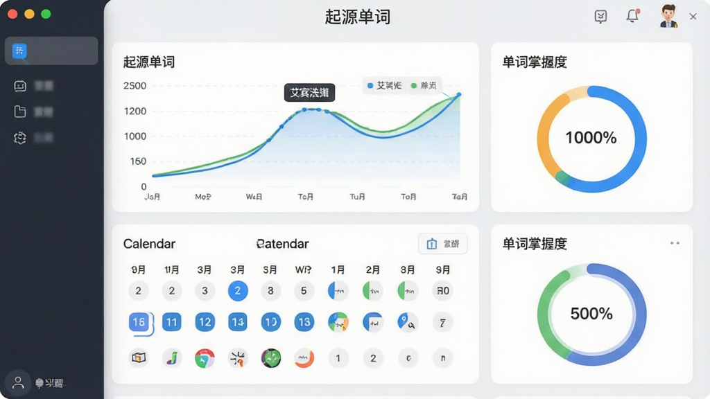 一张展示学习进度仪表盘的界面截图,画面中软件名称“起源单词”位于顶部,下方是曲线图、日历打卡记录和单词掌握度圆环,布局为卡片式排列,风格为现代数据可视化,细节包括艾宾浩斯曲线和复习提醒图标,画质高清,界面清爽,无多余元素