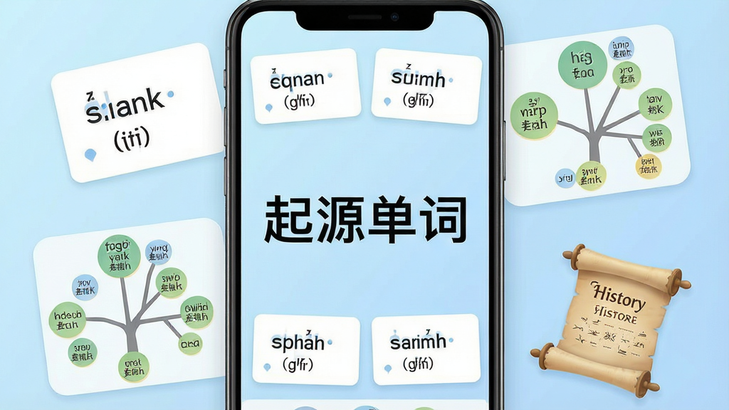 一张展示起源单词APP主界面的手机屏幕截图,画面中央是醒目的软件名称“起源单词”,周围环绕着英语单词卡片、词根树状图和历史卷轴元素,背景是柔和的浅蓝色渐变,布局简洁清晰,风格现代教育类应用,细节包括单词拼写和音标标注,画质高清,界面干净,无多余杂乱元素