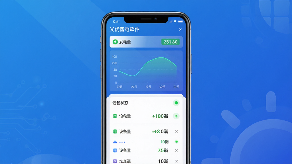 网优智电软件主界面展示,主体为一部智能手机竖屏显示光伏电站数据看板,布局采用上下结构上方为发电量曲线下方为设备状态列表,排版简洁清晰,风格为现代科技扁平化,细节包含蓝色渐变背景、白色卡片、绿色运行指示灯、图表数据,画质高清干净无多余元素