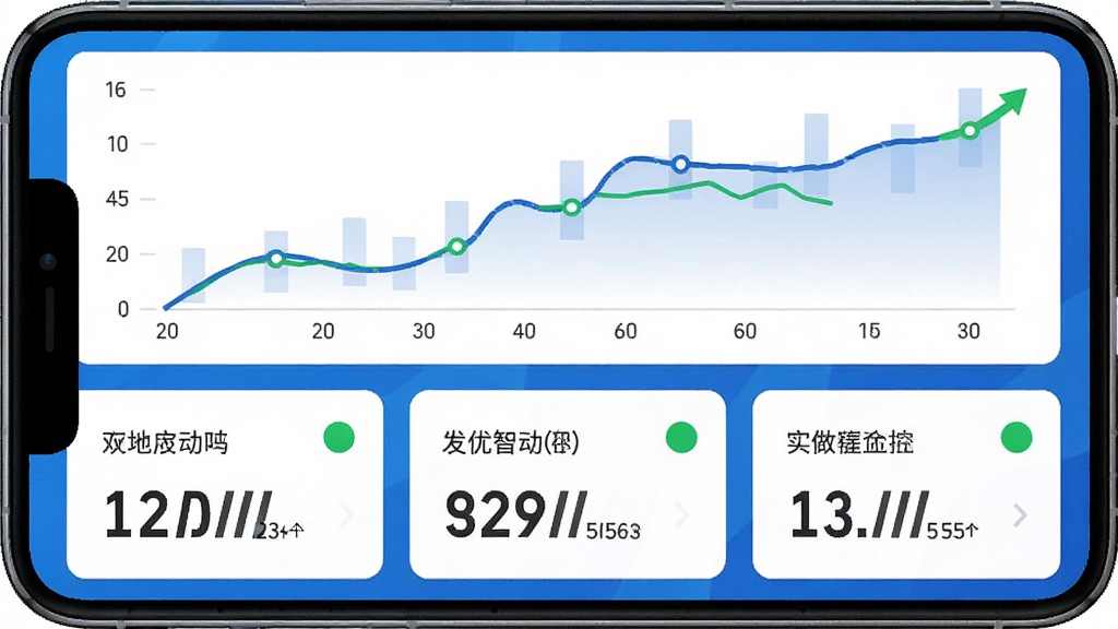 网优智电实时数据监控界面,主体为手机屏幕显示发电功率曲线与数字指标,布局为上方折线图下方三列数据卡片,排版整齐对称,风格为科技蓝白配色扁平化,细节包含上升曲线、绿色状态圆点、清晰的数值字号,画质高清干净无多余元素