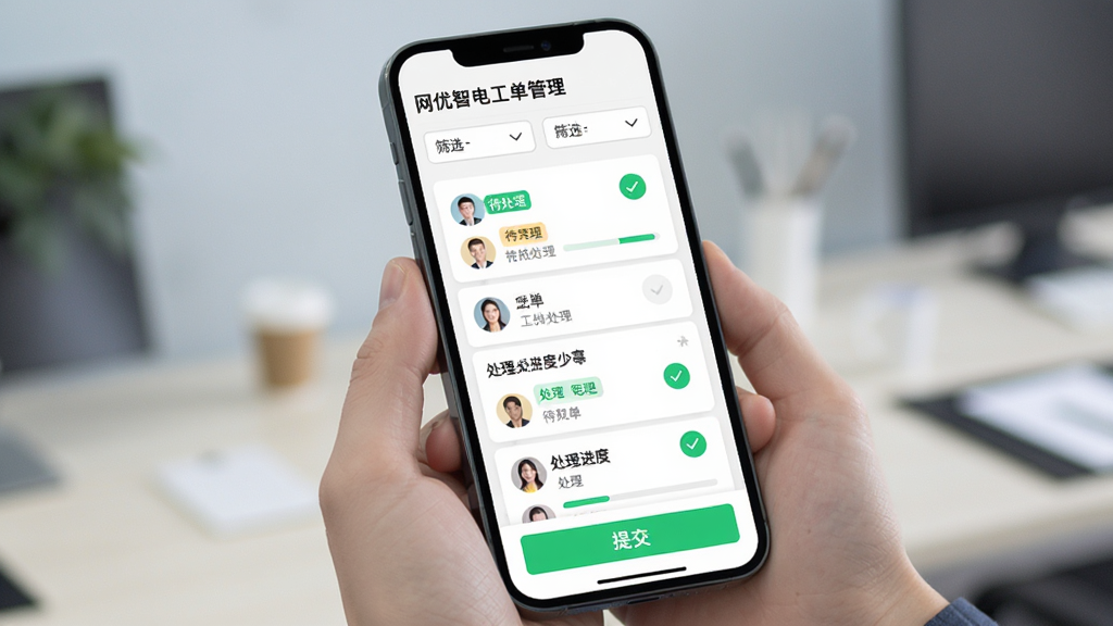 网优智电工单管理页面,主体为手机屏幕显示工单列表与处理进度条,布局为顶部筛选栏中部卡片列表底部提交按钮,排版层次分明,风格为清新商务浅色系,细节包含待处理标签、绿色完成标识、人物头像图标,画质高清干净无多余元素