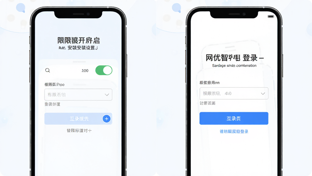 网优智电新手安装步骤示意图,主体为手机屏幕展示安装权限开启与登录界面,布局为左右分屏左侧权限设置右侧登录页,排版清晰对比,风格为简约商务浅色,细节包含开关按钮、输入框、蓝色登录按钮、提示文字,画质高清干净无多余元素