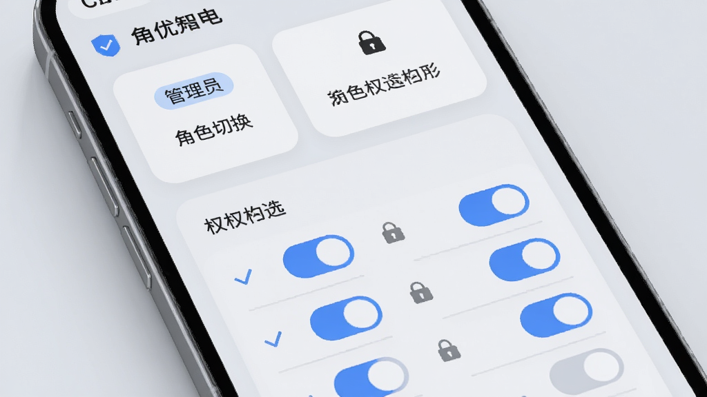 网优智电多角色权限管理界面,主体为手机屏幕显示角色切换与权限勾选列表,布局为上方角色卡片下方权限开关矩阵,排版规整,风格为柔和圆角浅灰质感,细节包含管理员标签、蓝色勾选框、锁形图标,画质高清干净无多余元素