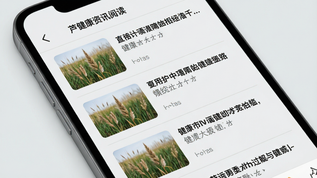 一张展示芦苇健康资讯阅读页面的手机界面图,屏幕上显示健康科普文章列表,每篇文章配有缩略图和标题,整体排版清晰,背景为浅灰色,风格简约清爽,画质清晰,无多余元素
