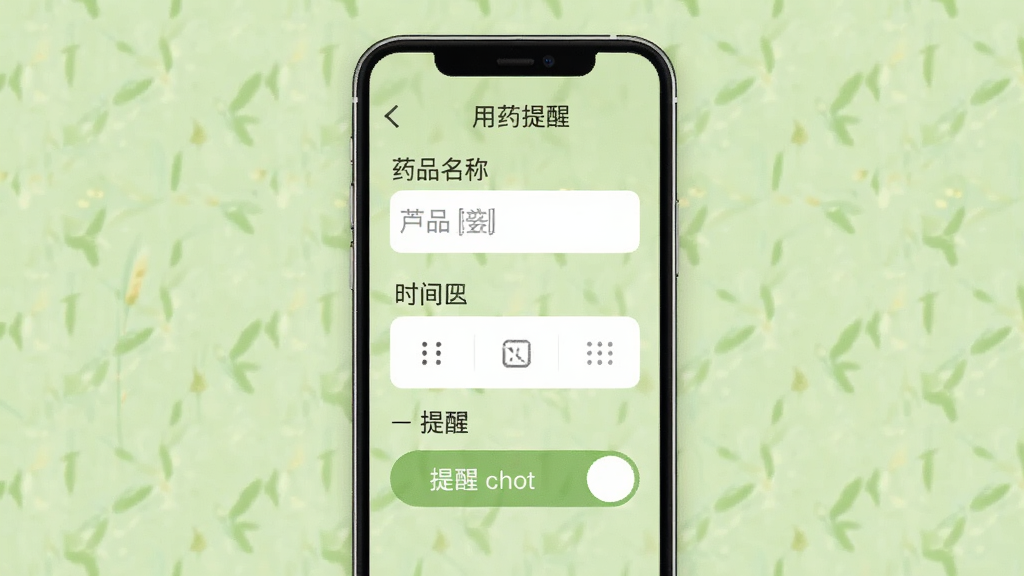 一张展示芦苇健康用药提醒功能的界面图,手机屏幕显示用药提醒设置页面,包含药品名称输入框、时间选择器和提醒开关按钮,背景为浅绿色,风格温馨舒适,画质清晰,无多余元素