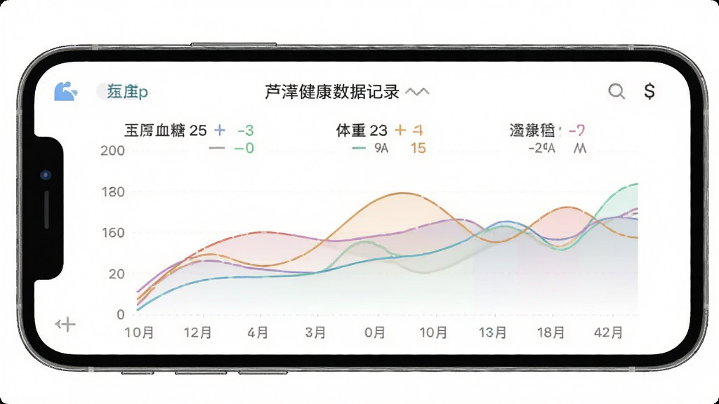 一张展示芦苇健康数据记录功能的界面截图,画面中手机屏幕显示血压、血糖、体重等健康指标的趋势折线图,图表颜色柔和,背景为白色,整体风格简洁专业,画质清晰,无多余元素
