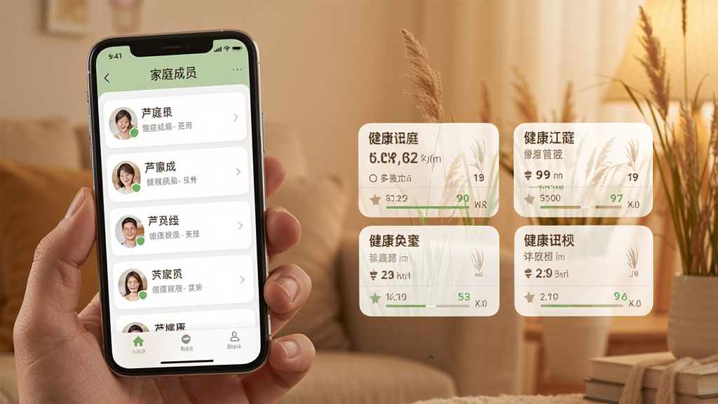一张展示芦苇健康家庭管理功能的界面图,手机屏幕显示家庭成员列表和各自的健康档案卡片,背景为暖色调,风格亲切温馨,画质清晰,无多余元素