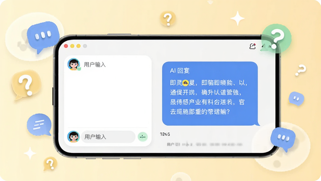 画面主体为即灵AI应用内的对话界面,左侧为用户输入框,右侧为AI回复气泡,气泡内文字清晰可见,界面采用圆角卡片设计,浅色背景,手机周围漂浮着对话图标与问号符号,风格清新明快,画质干净,无多余元素