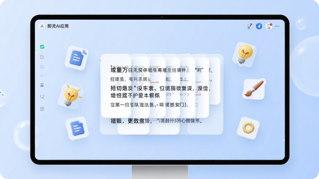 画面展示即灵AI应用界面中内容生成功能,屏幕中央呈现一篇正在生成的文案,文字以卡片形式排列,周围有文档、灯泡、画笔等小图标环绕,背景为柔和的浅蓝色,整体风格简约现代,画质清晰,无多余元素