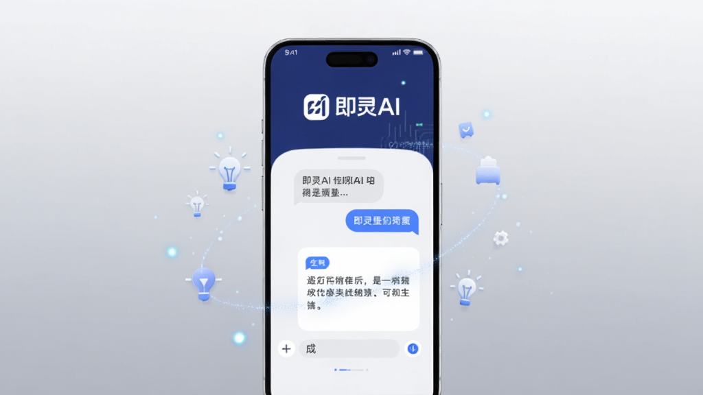 画面中央展示一部智能手机,屏幕内呈现即灵AI应用界面,界面以深蓝与白色为主色调,上方显示即灵AI标志,中间为对话气泡与文字生成区域,四周环绕光点与灵感符号,背景为浅灰色渐变,整体风格科技简洁,细节清晰,画质干净,无多余元素