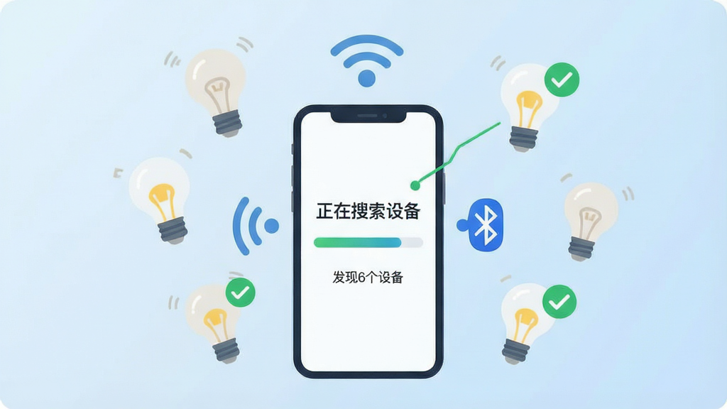 一张表现智灯闪联一键配网功能的图片,画面中手机屏幕显示“正在搜索设备”和进度条,周围漂浮着多个智能灯泡的图标,有连接成功的绿色对勾标识,背景是简约的浅蓝色渐变,风格为扁平化科技插画风,细节包括手机旁的Wi-Fi信号波纹、蓝牙图标、设备数量提示“发现6个设备”,画质清晰,干净,无多余元素