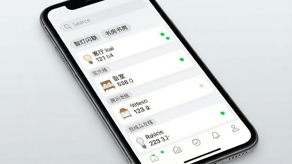 一张展示智灯闪联移动端操作界面的图片,手机屏幕显示设备列表和房间分组,有客厅、卧室、书房等标签,每个分组下显示灯具数量和在线状态,背景是浅灰色渐变,风格为清爽极简风,细节包括顶部的搜索栏、底部的导航栏图标、设备在线绿点标识,画质清晰,干净,无多余元素