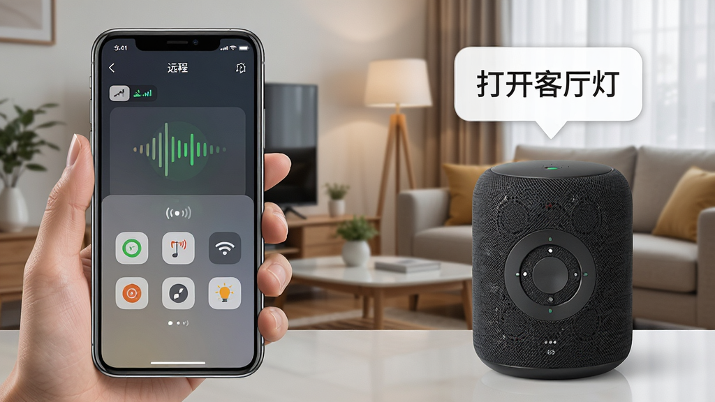 一张表现智灯闪联远程控制与语音交互的图片,画面左侧是手机显示远程控制界面,右侧是一个智能音箱,音箱上方有语音气泡写着“打开客厅灯”,背景是家庭客厅场景,风格为写实生活风,细节包括手机界面上的“远程”标签、信号强度图标、语音波形,画质清晰,干净,无多余元素