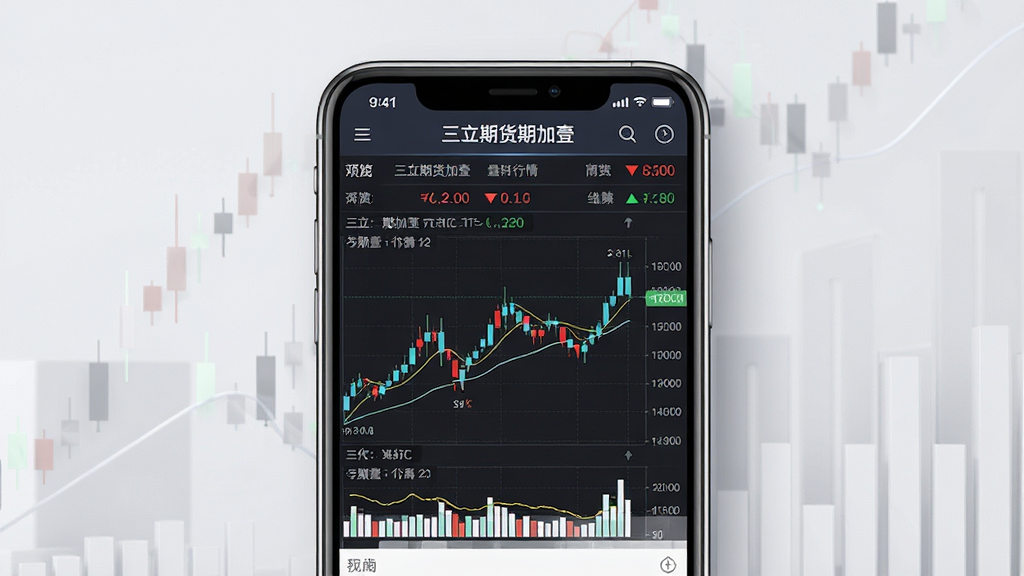 一张手机期货交易软件界面预览图,画面中央展示手机屏幕,屏幕内为“三立期货期加壹”行情列表与K线图,背景为简洁的浅灰色金融风格,布局清晰,排版整齐,风格现代商务,细节包含红绿涨跌数字与分时曲线,画质高清,干净,无多余元素
