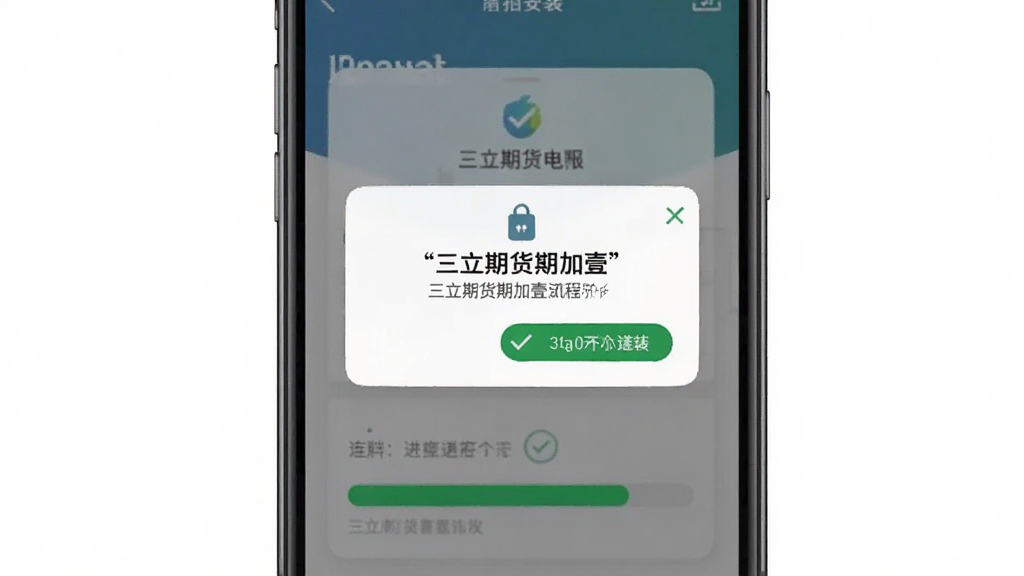 一张展示手机安装“三立期货期加壹”过程的示意图,画面为手机屏幕,屏幕内显示安装权限弹窗与安装进度条,布局为居中排版,风格为简洁教程风,细节包含勾选按钮与提示文字,画质清晰,干净,无多余元素