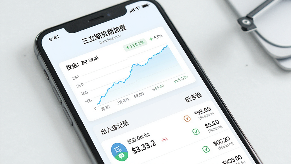 一张展示“三立期货期加壹”账户资金管理页面的图片,画面主体为手机屏幕,屏幕内呈现资金曲线、权益数字与出入金记录列表,布局为卡片式排版,风格为清爽浅色商务风,细节包含圆形图标与数据标签,画质清晰,干净,无多余元素