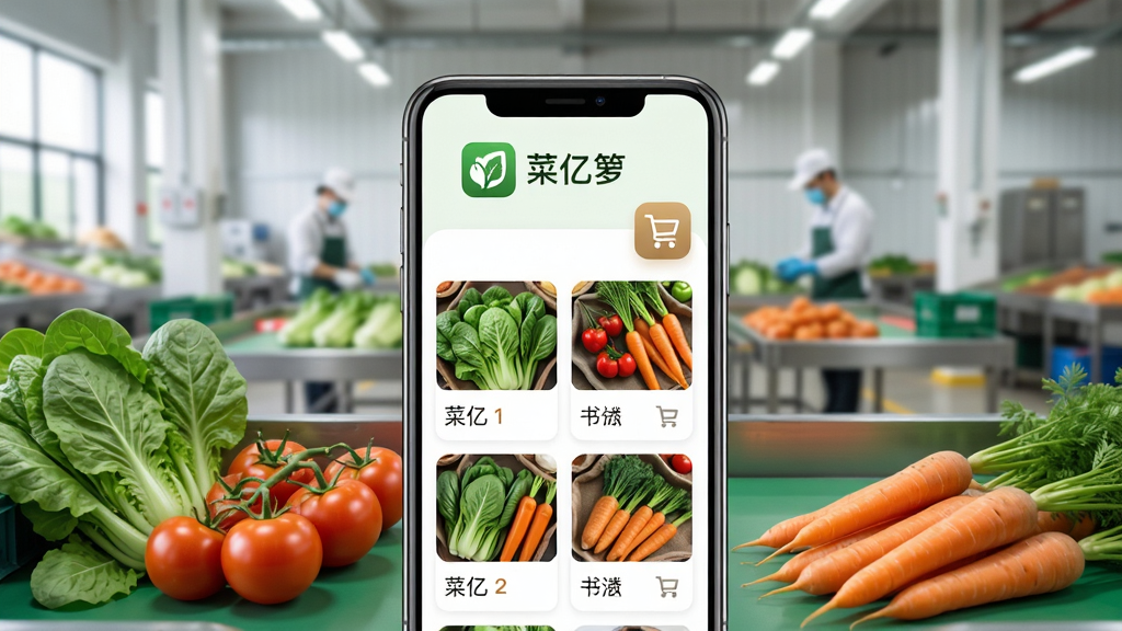菜亿箩移动端应用界面展示,画面中央为一部智能手机,屏幕显示生鲜蔬菜商品列表与购物车图标,背景是整洁的农产品分拣中心,布局采用居中构图,排版清晰展示应用图标与名称“菜亿箩”,风格为写实商业摄影,细节包含新鲜绿叶蔬菜、番茄、胡萝卜等食材,画质高清,画面干净,无多余元素