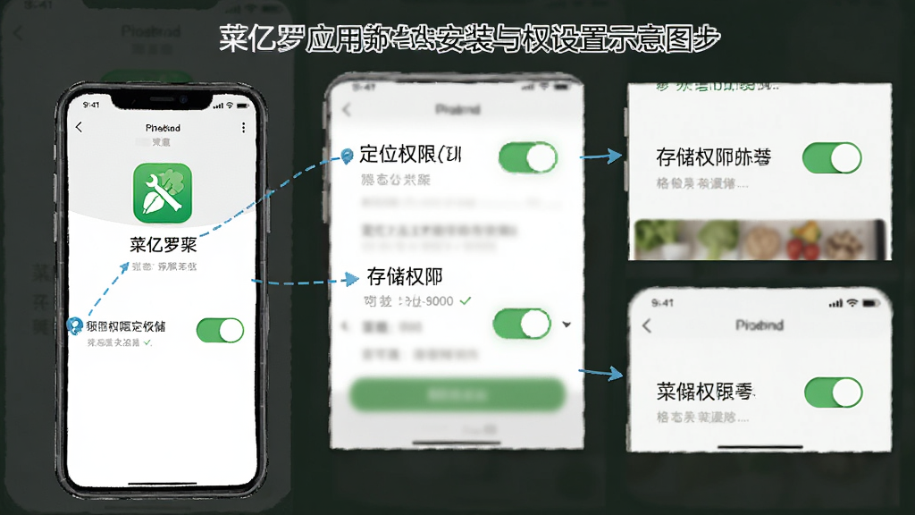 菜亿箩应用安装与权限设置示意图,画面以手机屏幕截图风格展示权限开启步骤,布局为分步图解,风格为教程类信息图,细节包含定位权限、存储权限开关与菜亿箩图标,画质清晰,画面干净,无多余元素