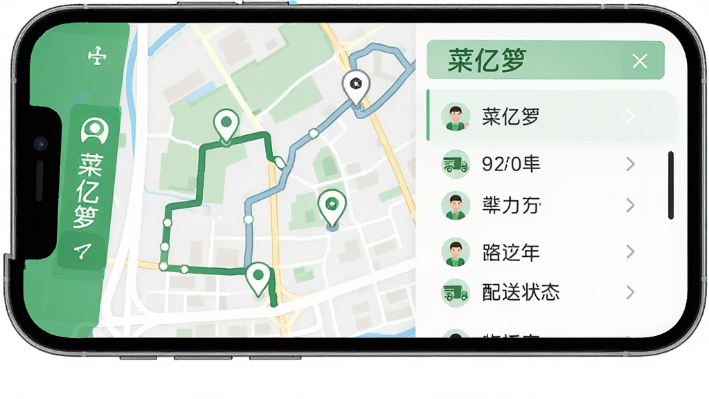 菜亿箩订单配送跟踪界面,画面展示手机屏幕上的地图轨迹与配送状态列表,布局为上下结构,风格为现代扁平化设计,细节包含时间节点、配送员图标与“菜亿箩”标识,画质高清,画面干净,无多余元素