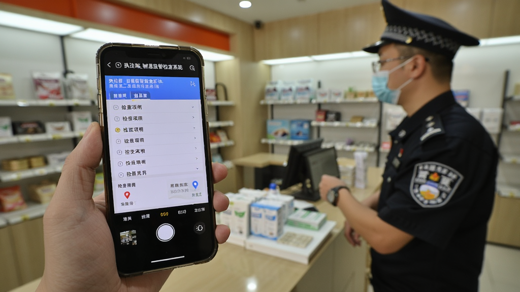 执法人员在店铺内手持手机使用“执法端_智慧监管检查系统”进行现场检查,手机屏幕显示拍照取证界面,画面中同时呈现检查项列表和定位信息,背景为整洁的商铺环境,风格写实,色调自然,画质清晰,无多余元素