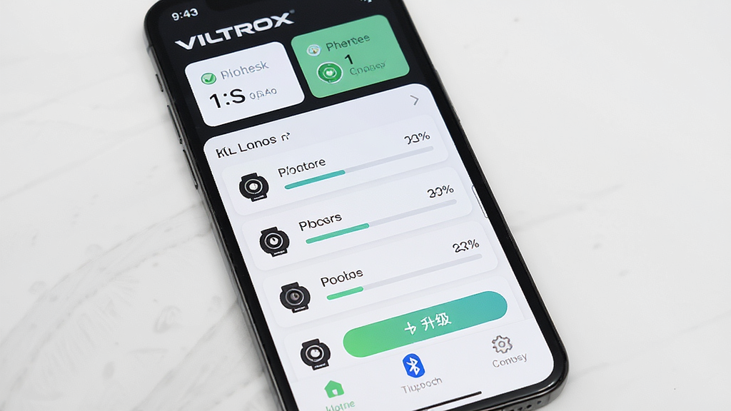 VILTROX Lens Ψ׿�˾�ͷ�̼�����Ӧ��������չʾ������Ϊһ�������ֻ���Ļ��ʾӦ����ҳ������Ϊ����Ʒ��Logo���豸����״̬��Ƭ���в�Ϊ��ͷ�ͺ��б���̼��汾��Ϣ���ײ�Ϊ���ܵ��������Ű������������Ϊ�ִ��Ƽ���UI��ƣ�ϸ�ڰ�����ͷͼ�ꡢ��������������ť���������ӱ�ʶ�����ʸ��壬�ɾ����޶���Ԫ��
