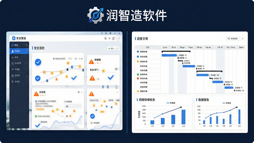 润智造软件功能模块展示图,画面采用分屏布局,左侧为安全巡检界面截图,右侧为进度甘特图与数据报表,顶部呈现润智造软件Logo字样,排版整齐有序,风格为商务简约,细节包含蓝色勾选图标、橙色预警标记、白色背景卡片,画质清晰,画面干净,无多余元素